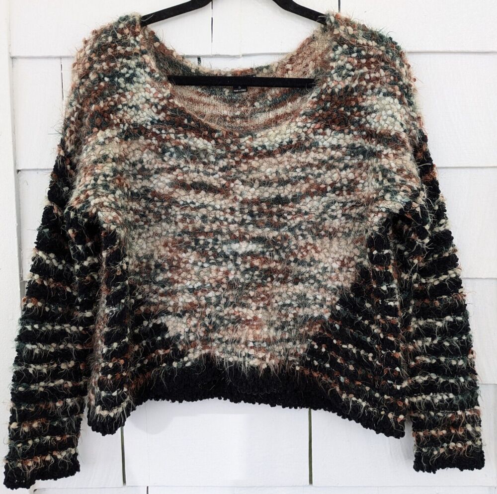 Double Zero Womens S Multicolor Fuzzy Hairy Textured Boat Neck Cozycore Sweater